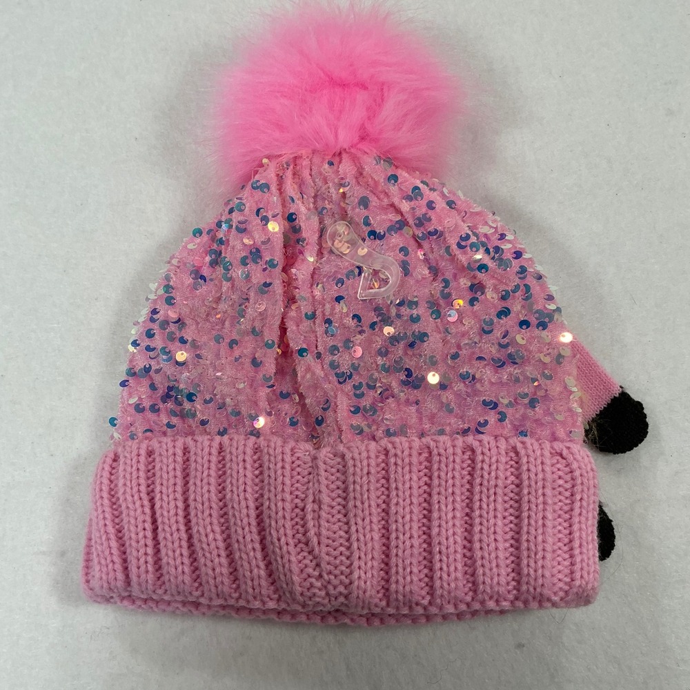 Justice Girls Pink Sequin Beanie and Gloves Winter Set Faux Fur Pom NWT - Picture 2 of 2